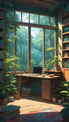 Jungle Hideaway, Anime Manga Style Lofi Empty Interior with a Colorful Study Desk and Window View of a Forest.