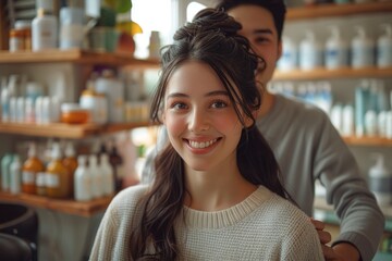 Smiling couple with a woman receiving hairstyling service