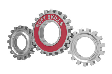 Spinning gears text Soft Skills. Interaction concept. 3D illustration.