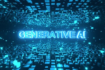 Generative AI text inside rotating cube platforms in cyberspace. High-tech neon 3D illustration