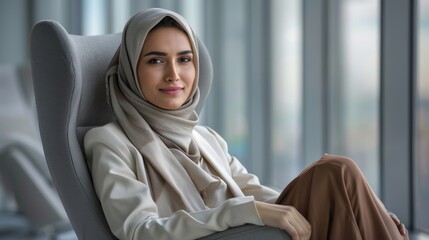 arabian businesswoman wearing hijab relaxing in clean office on business chair