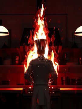 A chef wearing a white uniform is engulfed in flames while cooking in a commercial kitchen.