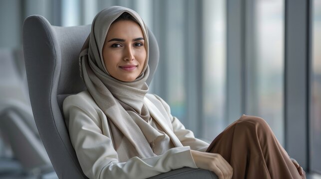 arabian businesswoman wearing hijab relaxing in clean office on business chair