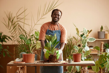 Waist up Full length portrait of smiling Black man repotting green plants indoors and enjoying gardening hobby looking at camera