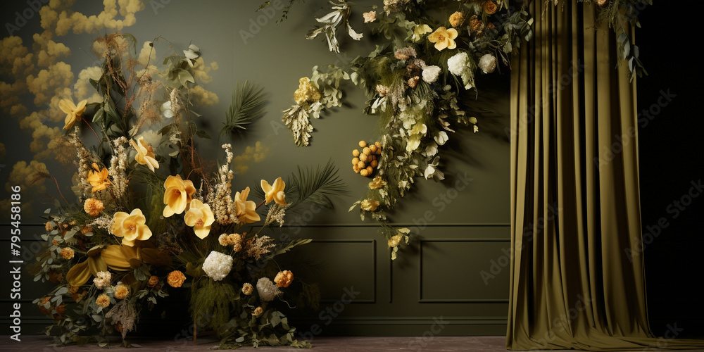 Wall mural Warm ochre and olive green florals dancing seamlessly, evoking a sense of nature.