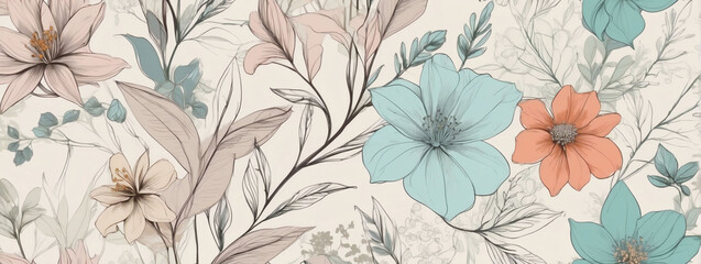 Leafy Elegance, Line Art Background with Botanical and Floral Accents, Embellished in Summer Hues.