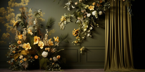 Warm ochre and olive green florals dancing seamlessly, evoking a sense of nature.