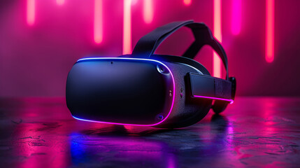 VR virtual reality headset isolated on dark background. Neon colors. Close-up concept product shot	
