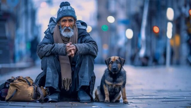 The poor beggar has no place to live. Sitting with a dog in the middle of a big city