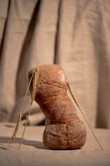 Selective focus close up arsenal home baked bread creative scene with whey plant vertical shoot