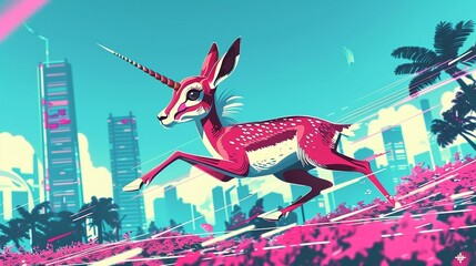 A pink unicorn antelope hybrid running through a city.