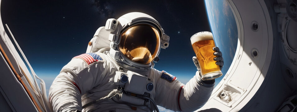Leaning to the side, an astronaut savors a beer in a chair, bathed in the glow of a brilliant star above.