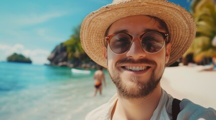 close-up shot of a good-looking male tourist. Enjoy free time outdoors near the sea on the beach. Looking at the camera while relaxing on a clear day Poses for travel selfies smiling happy tropical