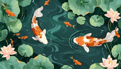 Illustration of vibrant koi fish swimming among lotus flowers in a serene pond, concept of tranquility, nature, and traditional Asian art - obrazy, fototapety, plakaty