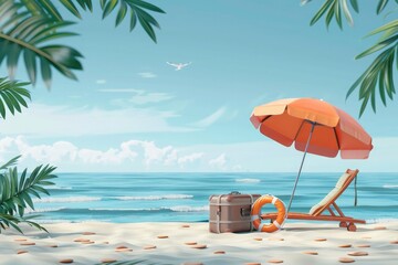 Summertime season sale banner with beach chair, beach ball, suitcase and life ring under an umbrella on a summer sea background with tropical plants.  - obrazy, fototapety, plakaty