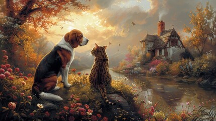 Beagle and Bengal Cat Admiring Sunset by Riverside Cottage Concept of idyllic companionship in nature