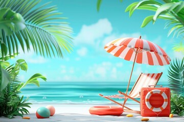 Summertime season sale banner with beach chair, beach ball, suitcase and life ring under an umbrella on a summer sea background with tropical plants.  - obrazy, fototapety, plakaty