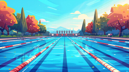 Outdoor swimming court scene in flat graphics