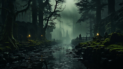 A dense, mystical fog covering a gradient-filled forest with ancient trees and hidden wonders.