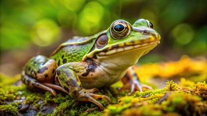 Green frog on moss in the forest.