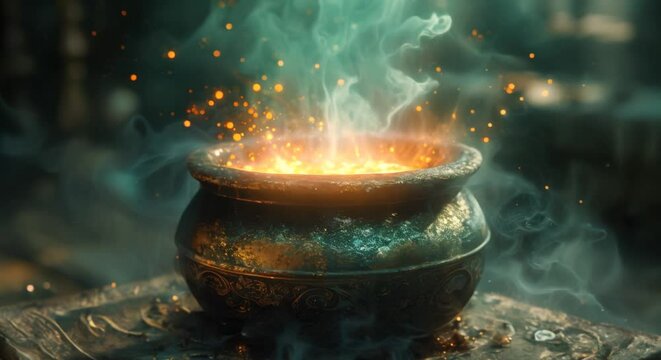 A sorcerer's potion brewing in a cauldron, blurred alchemy books