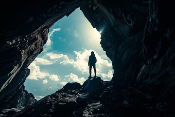 A solo traveler exploring the cave - obrazy, fototapety, plakaty