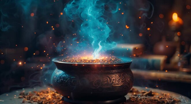 A sorcerer's potion brewing in a cauldron, blurred alchemy books
