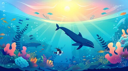 Whale swimming free underwater, swimming underwater deep sea, world ocean day