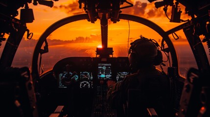 An evocative image of the Apache's cockpit glowing with internal lights, the pilot silhouetted against the panoramic window, as the helicopter faces the dying embers of the day