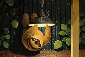 A sloth hanging upside down, using a hair dryer to dry its fur after a rain shower ,