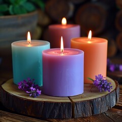 Obraz na płótnie Canvas A lively display of four candles, each in a vibrant color, adding a touch of vibrancy and charm to the setting 8K , high-resolution, ultra HD,up32K HD