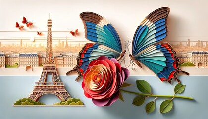 Paper Art of Paris and Butterfly with Eiffel Tower - obrazy, fototapety, plakaty