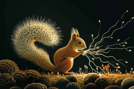 A nimble squirrel, its bushy tail crackling with static electricity, launches bolts of lightning with pinpoint accuracy ,