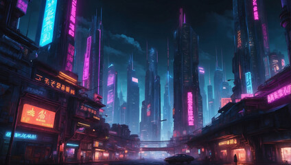 Neon Nightscape, Spectacular View of a Cyberpunk City at Night, with Towering Skyscrapers and Glowing Signs.