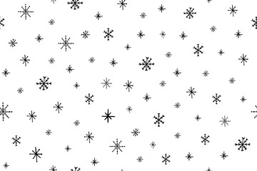 Seamless pattern of snowflakes. Cute Christmas elements in doodle style. Great for design, greeting card, decoration, wrapping, textile. Hand drawn. Vector illustration. Isolated on white