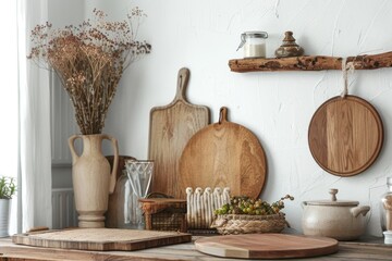 Rustic farmhouse kitchen decor against a soft transparent white backdrop, perfect for cozy gatherings - obrazy, fototapety, plakaty