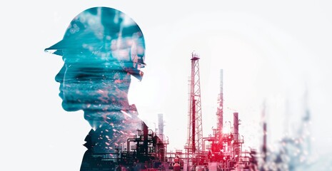 An engineer in a helmet works in an oil and gas factory captured in a double exposure, Generated by AI