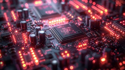 Arrange a neon showcase of future computing symbols, featuring shining