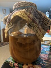 A scoby Hotel. A jar full of scoby bacteria with a tea towel over the top to hold the scobies to...