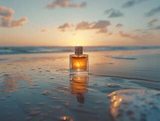 A perfume bottle standing alone on a deserted beach, the scent of the ocean breeze carrying its lonely fragrance into the vast, empty expanse 8K , high-resolution, ultra HD,up32K HD