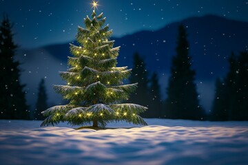 Pine tree in the nature forest snow, under snow, winter, season Christmas