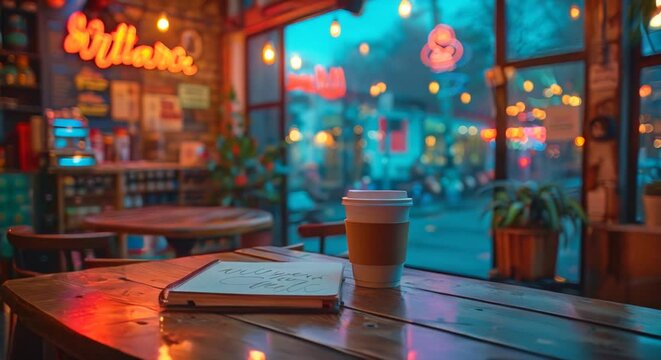 A notebook with a glowing doodle, blurred coffee shop setting