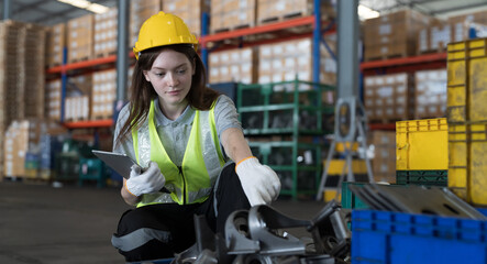 Female warehouse worker wear safety uniform, helmet and inspecting quality of products with digital tablet in storage warehouse