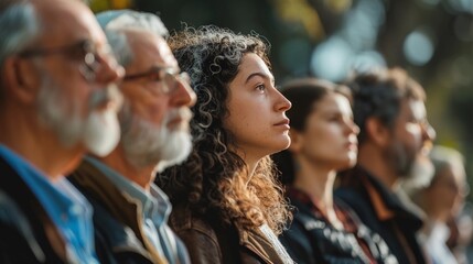 Jewish people with somber expressions standing solemnly during a moment of silence on Yom HaZikaron. Deep reflection. Israel Independence Day, Memorial Day - obrazy, fototapety, plakaty