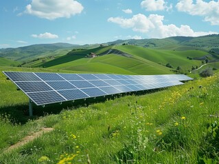 A scenic view of solar panels on a gentle hillside, under the bright daylight The panels power the green landscape, showcasing the harmony between technology and nature 8K , high-resolution, ultra HD,