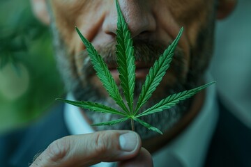 A seriouslooking man in a suit delicately holding a marijuana plant leaf, his expression reflecting a careful and respectful attitude towards the plant 8K , high-resolution, ultra HD,up32K HD - obrazy, fototapety, plakaty