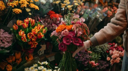 A florist arranges bouquets in a shop, combining various flowers into beautiful compositions