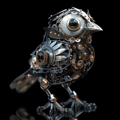 A sophisticated mechanical avian sculpture, intricately assembled from various metal gears and components, portraying a sense of elegance and precision 8K , high-resolution, ultra HD,up32K HD