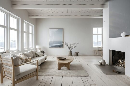 Scandinavian minimalist coastal living room with clean lines and serene vibes