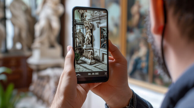 Smartphone view of a sculpture in a museum gallery